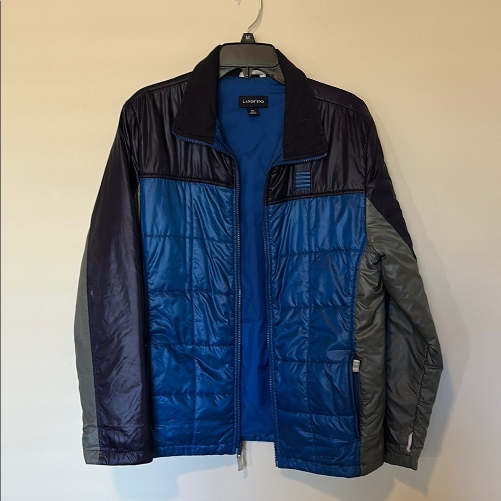 Lands' End Blue and Gray Puffer Jacket with Quilted Design